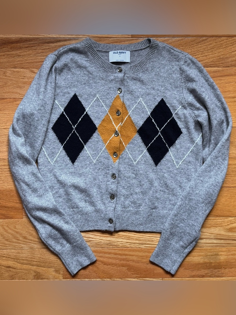 Old Navy Button-Up Gray Cardigan Sweater, Navy Blue & Gold Argyle, Size S